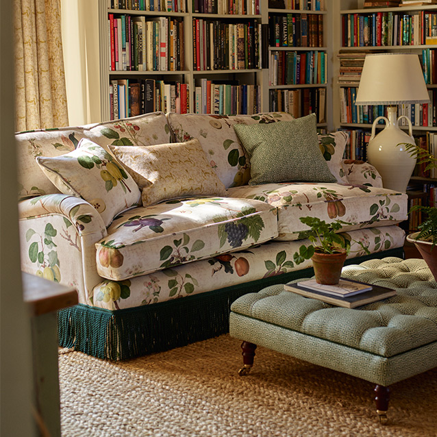 Alwinton 3 Seater Sofa in RHS Collection on Velvet William Hooker with Fringe in Sophie Bullion Viridian and Bedham Footstool in RHS Gertrude Jekyll Lattice Green